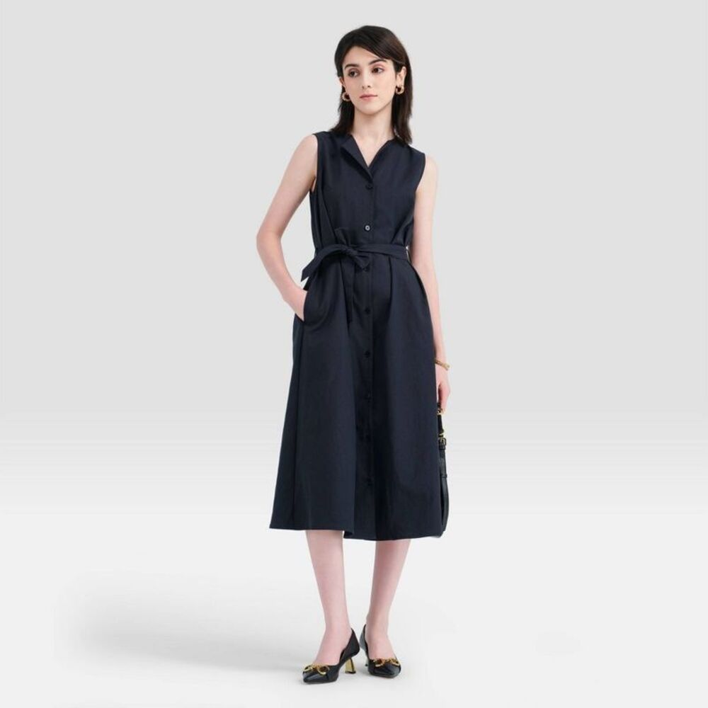 Women's Lapel Belted Midi Dress - A New Day Navy Blue L